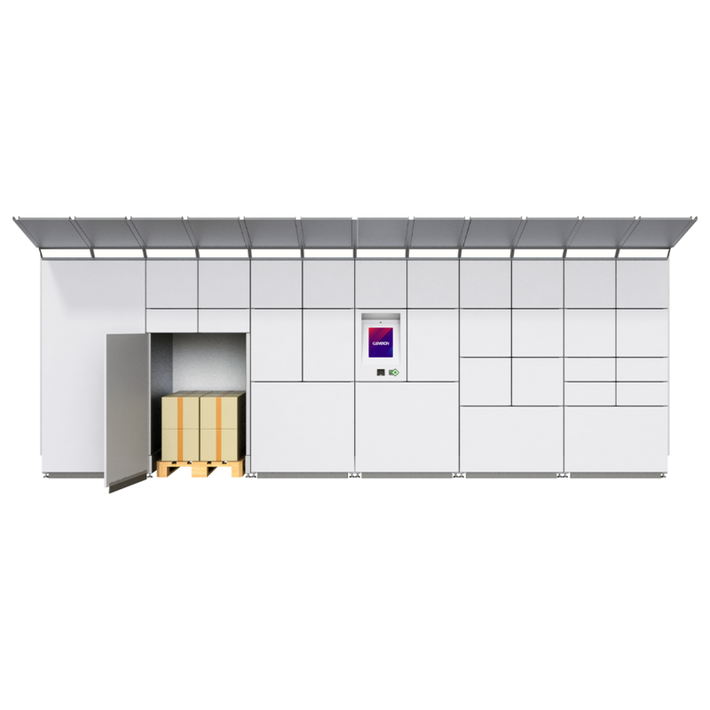 Front view of the Cleveron 355 with a roof attachment, showcasing an open door revealing a pallet inside with a package. This demonstrates the ease of retrieving products from the machine with a pallet, facilitating convenient loading into vehicles. A practical solution for DIY stores.
