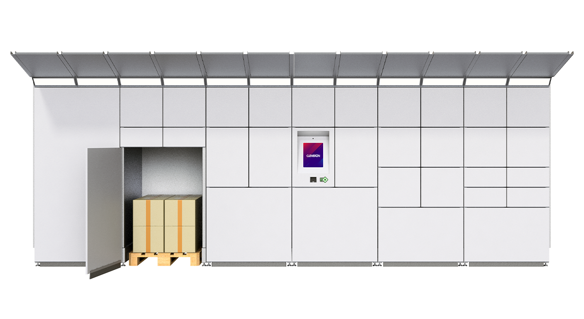 Front view of the Cleveron 355 with a roof attachment, showcasing an open door revealing a pallet inside with a package. This demonstrates the ease of retrieving products from the machine with a pallet, facilitating convenient loading into vehicles. A practical solution for DIY stores.